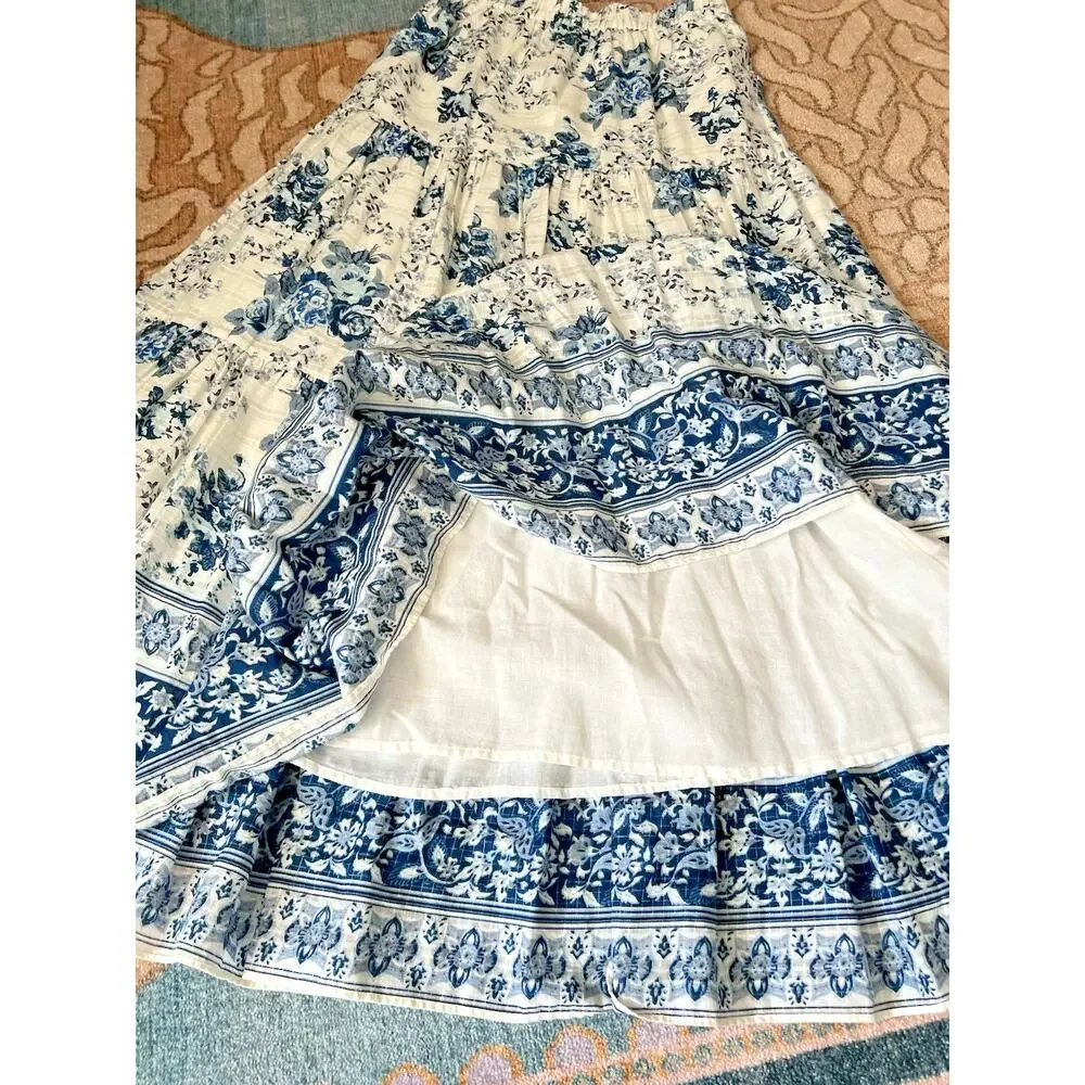 ZARA Women's 100% Cotton Blue White Floral Voluminous Tiered Maxi Skirt Sz XS-S